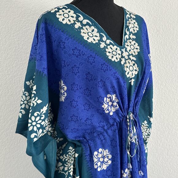 Kaftan Bell Pepper One Size Dress Blue Green Glitter Embellishments Floral Midi - Picture 2 of 16